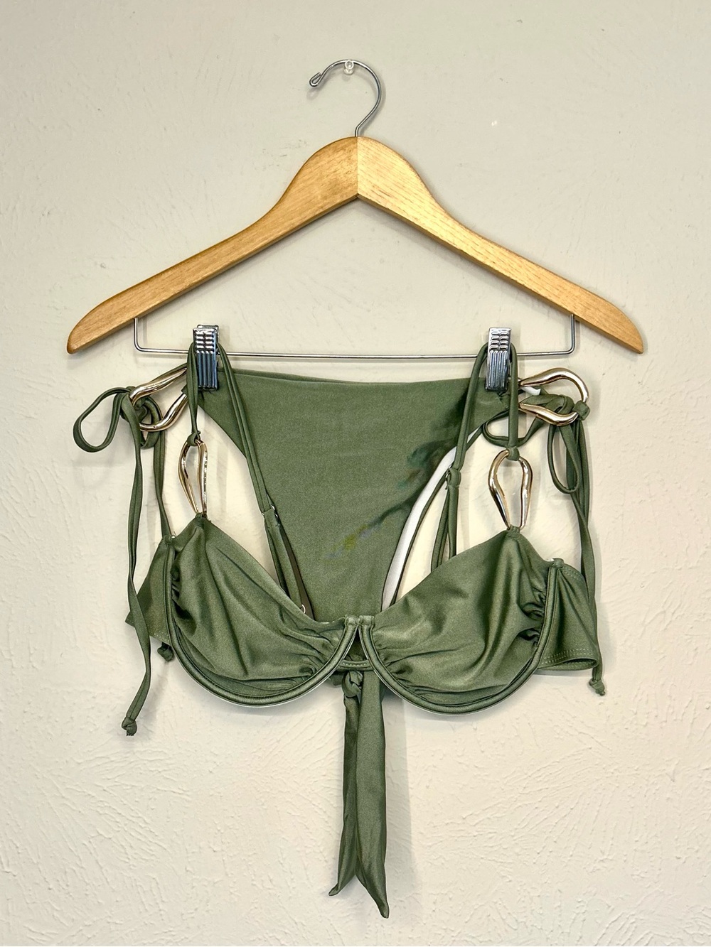 Satin Olive Green Bikini Top Bottom Gold XL Large